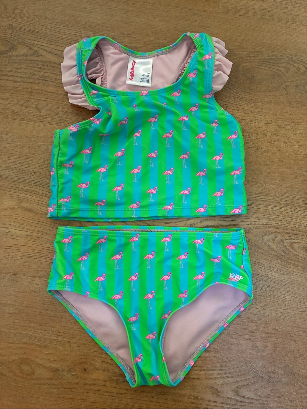 RuffleButts Girls Flamingo Stripe Flutter Tankini